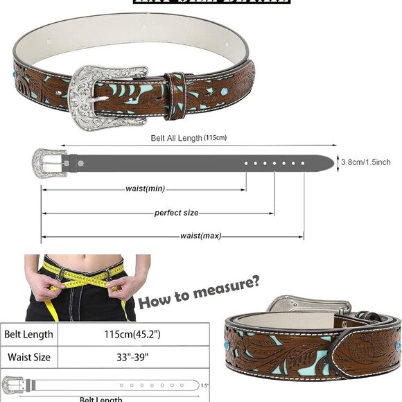 Adjustable-Vintage-Western-Cowboy-Belt Women Men - Cowboy-Style Engraved-Buckle - Picture 2 of 11